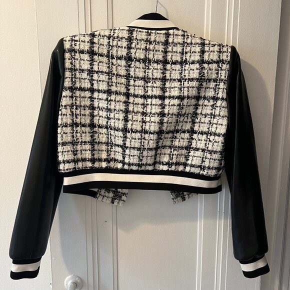 Alice + Olivia tweed and faux leather cropped bomber jacket - Picture 2 of 3